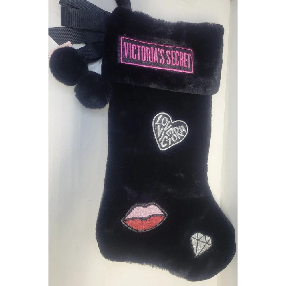 NWT Victoria's Secret Black Faux Fur Christmas Stocking Lips Heart‎ Diamond Bow